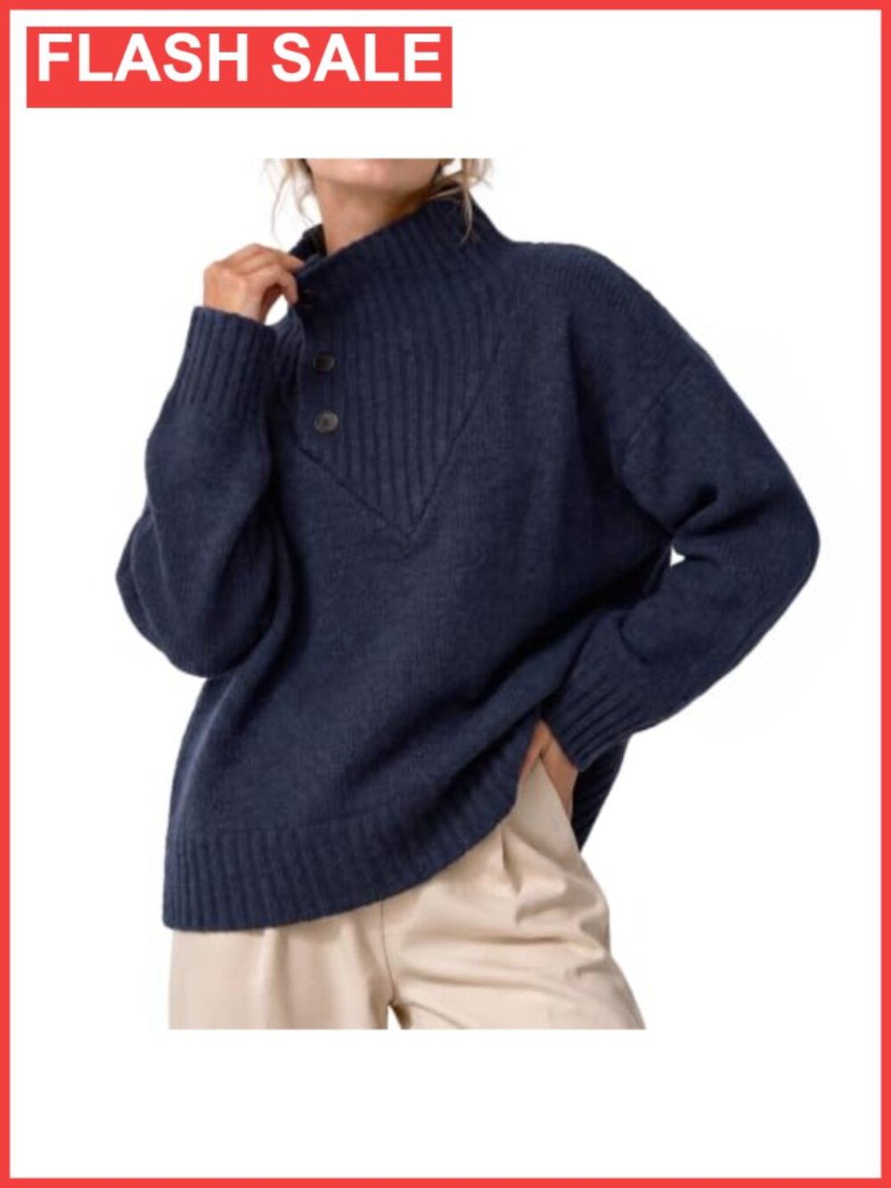 Womens Oversized Turtleneck Sweater Button Knit Pullover Fall Winter
